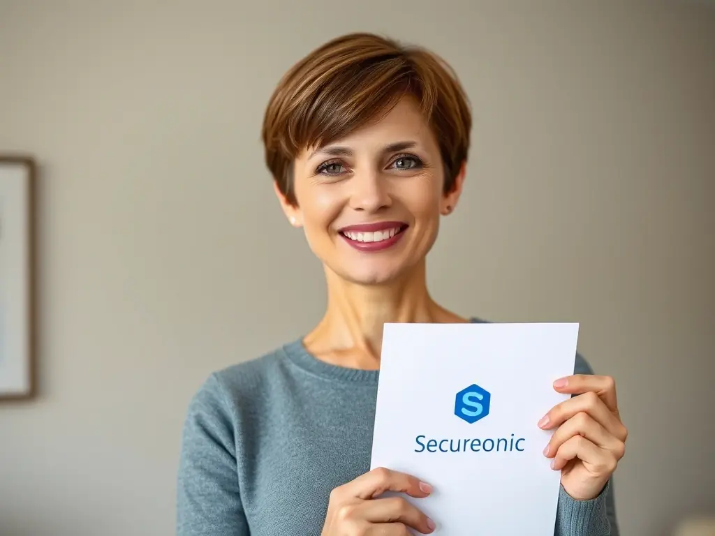 An image of a person looking relieved while holding a document with a SecureGenomics logo, representing the peace of mind from receiving quick and accurate results.