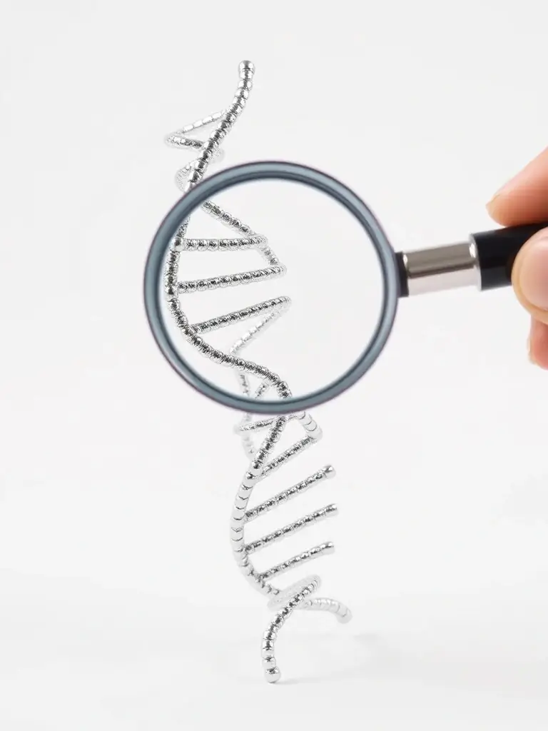 A close-up shot of a DNA double helix strand with a magnifying glass over it, symbolizing the accuracy of the SecureGenomics Maternity DNA Test.
