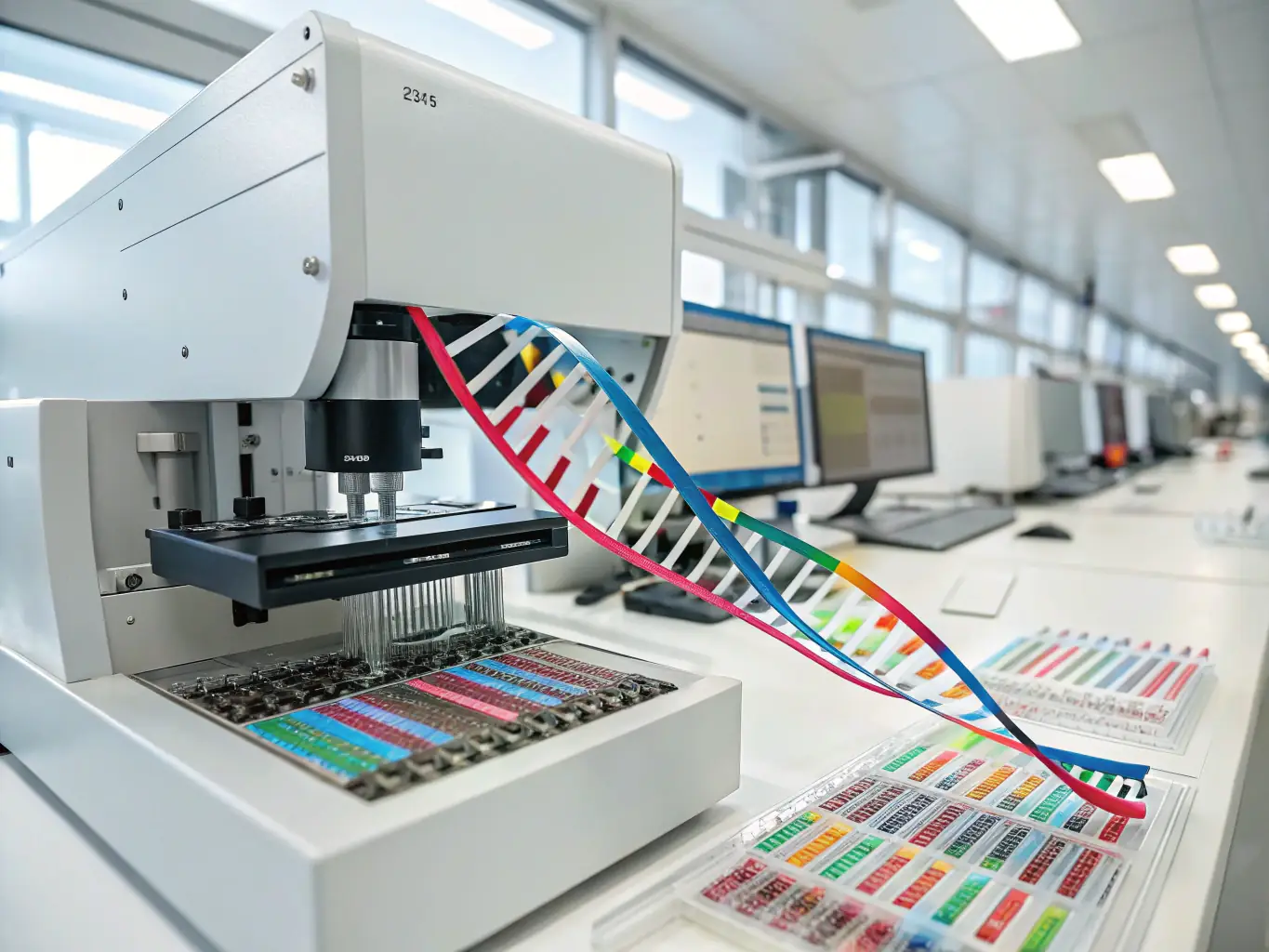 An image depicting advanced laboratory equipment and DNA sequencing technology, highlighting the cutting-edge technology used in Secure Genomics' NIPP testing.