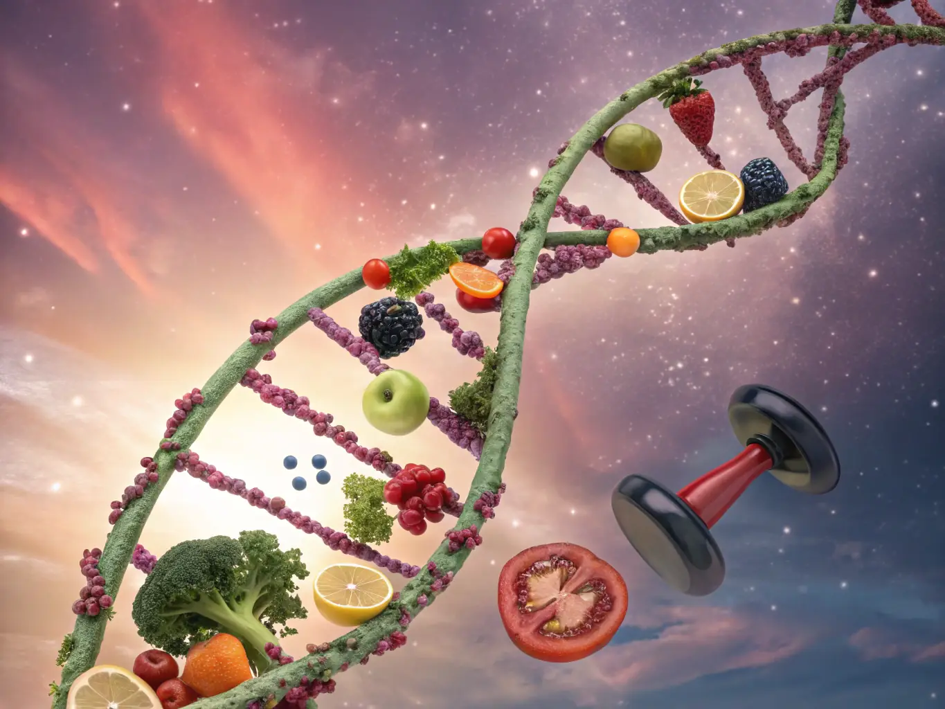 A close-up shot of a DNA helix intertwined with fitness equipment such as dumbbells and a running shoe, symbolizing the integration of genetics and personalized fitness.