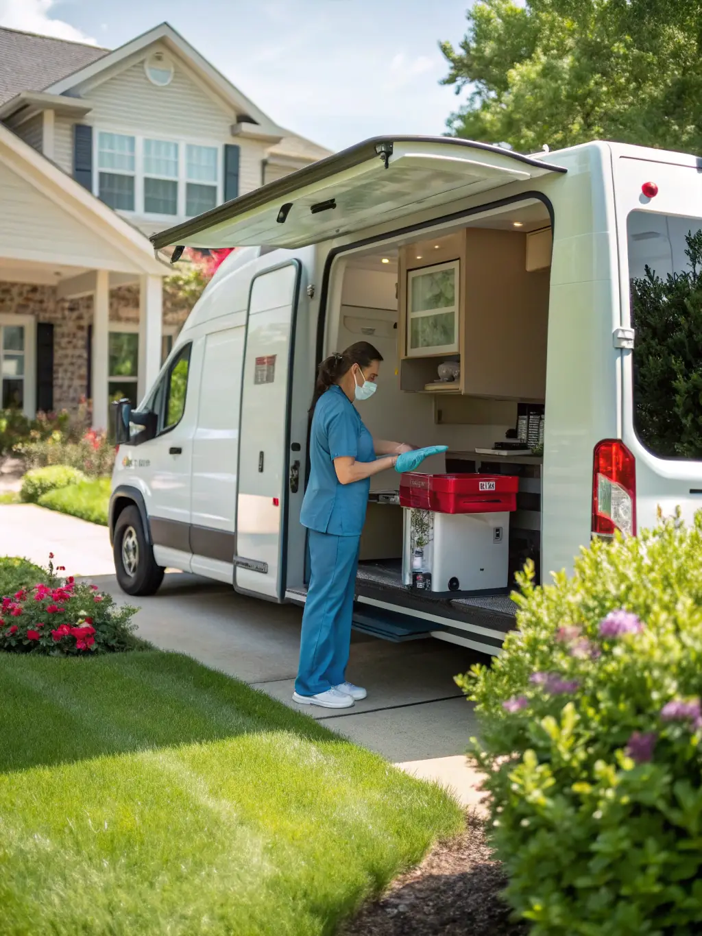 A SecureGenomics mobile technician in a lab coat, arriving at a client's home in a branded vehicle, holding a secure sample collection kit, highlighting the convenience of the mobile testing service.