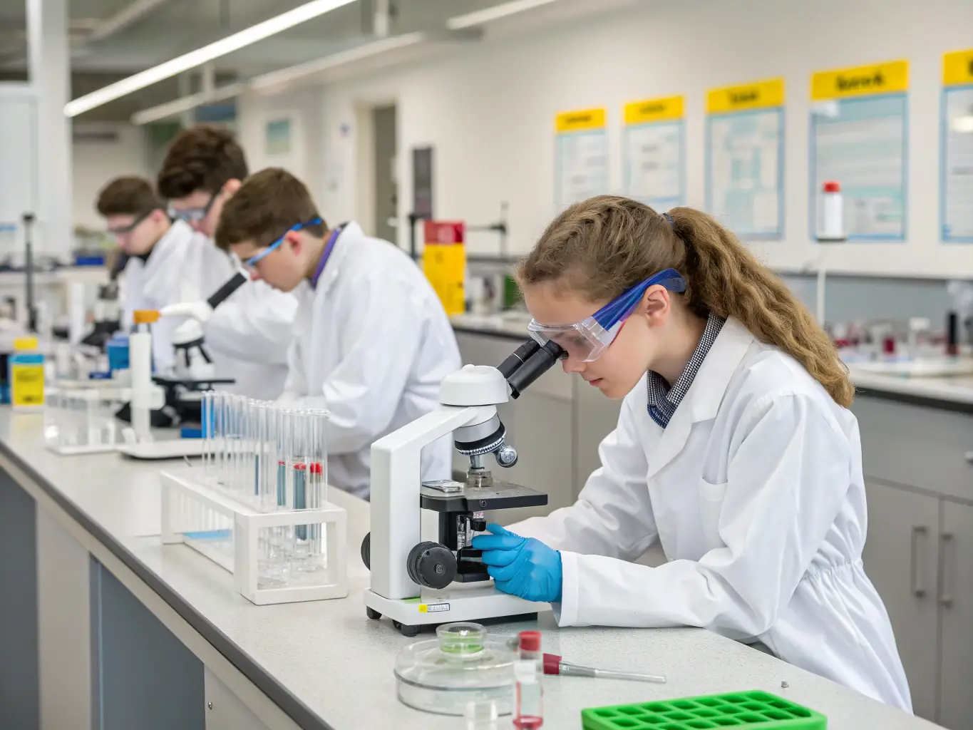 A professional laboratory setting with scientists analyzing DNA samples, emphasizing the accuracy and reliability of SecureGenomics' testing process.