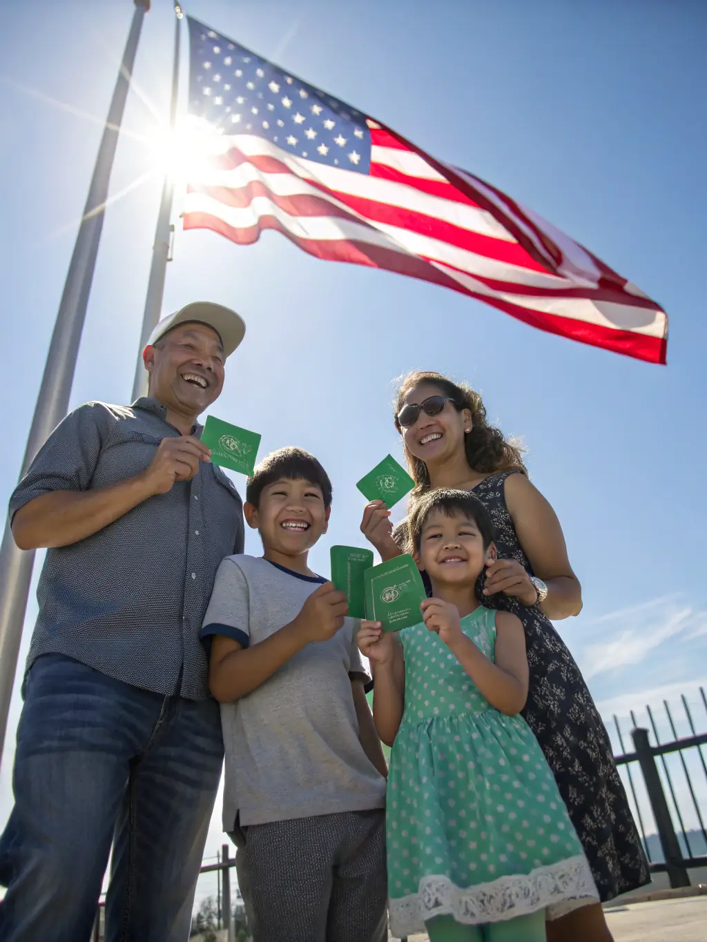 A family smiling, holding cheek swab kits, illustrating the simple and painless cheek swab process for the SecureGenomics Maternity DNA Test.