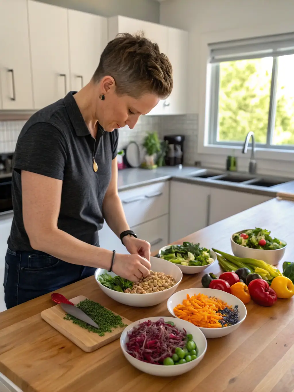 A person joyfully preparing a healthy, colorful salad, showcasing the nutritional benefits revealed by DNA testing, in a bright, modern kitchen setting.