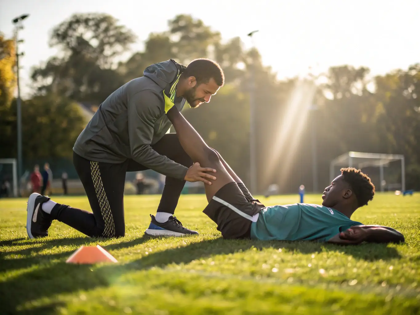 An athlete stretching with a focused expression, highlighting the importance of injury prevention strategies informed by genetic risk assessment.