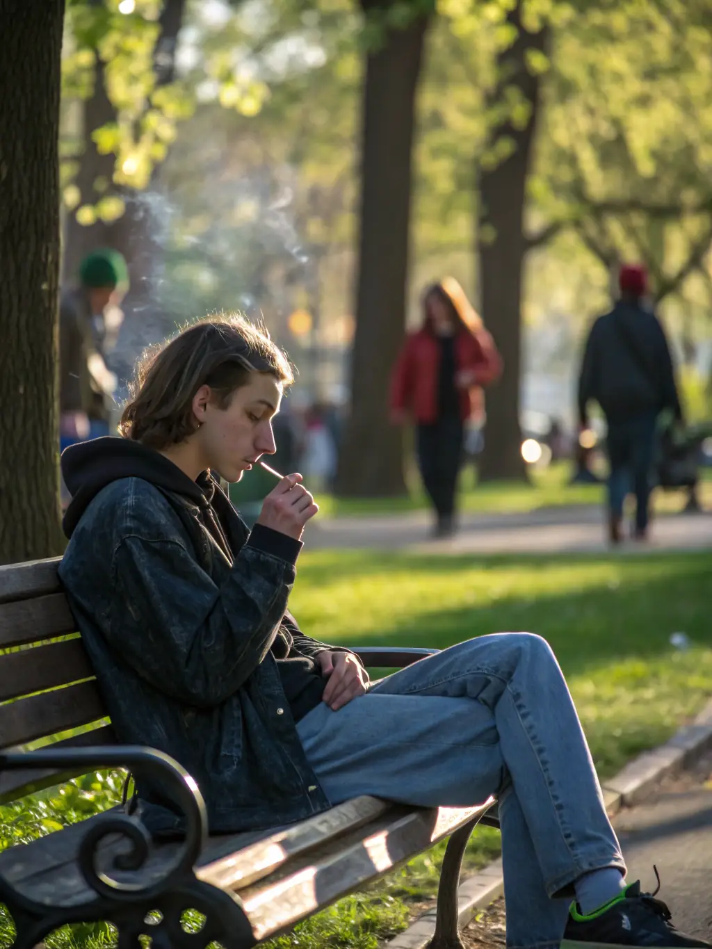 A serene individual enjoying a cannabis product responsibly, highlighting the genetic factors influencing cannabis response, in a relaxed, natural environment.