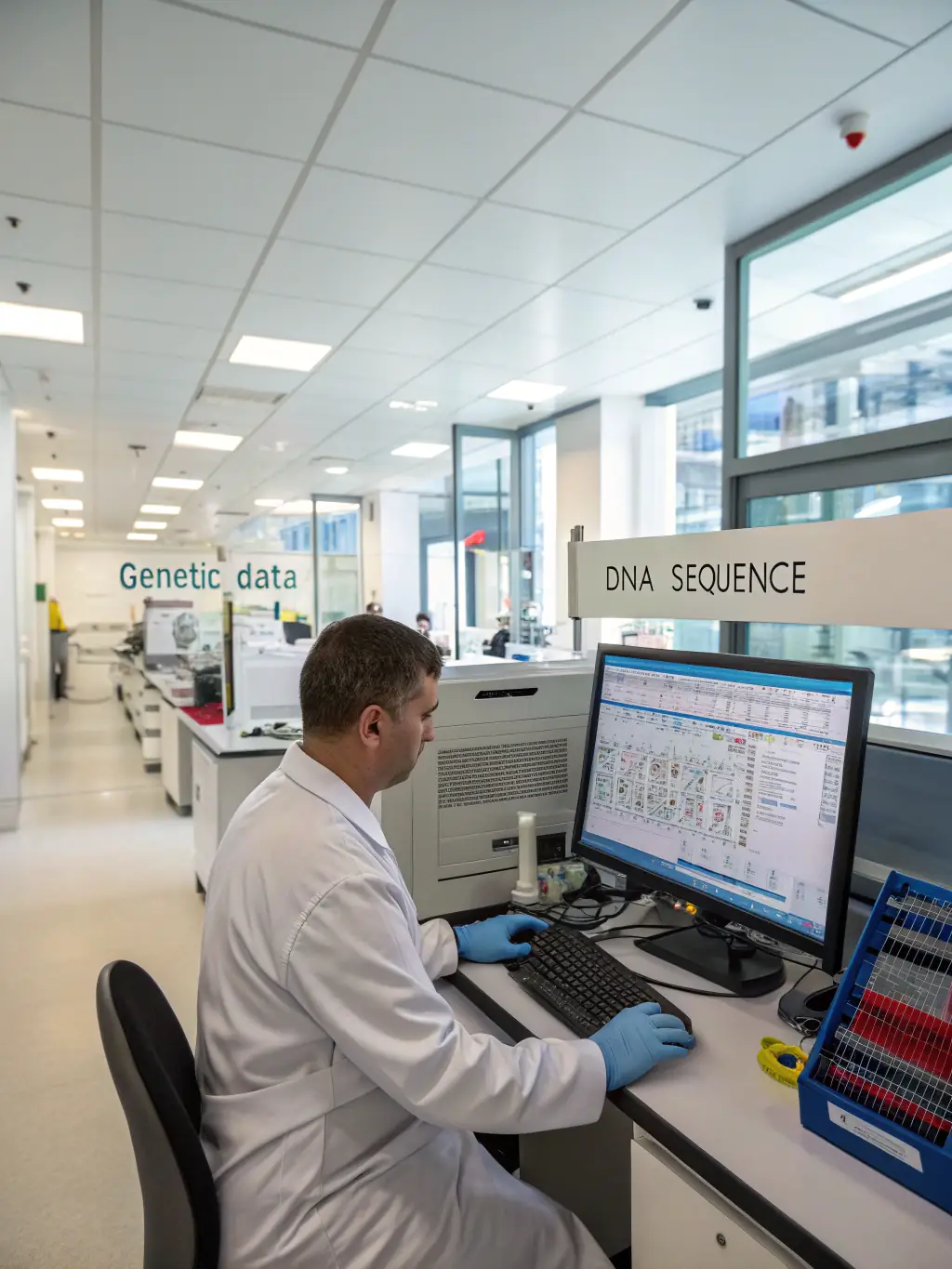 A laboratory technician in a clean, modern lab setting, analyzing DNA samples with advanced equipment, showcasing the precision and technology behind SecureGenomics' testing process.