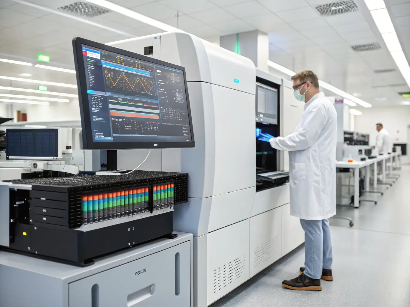 A close-up shot of a DNA sequencing machine processing a sample, with a focus on the digital display showing the analysis in real-time. The setting is a state-of-the-art laboratory with SecureGenomics branding subtly visible.