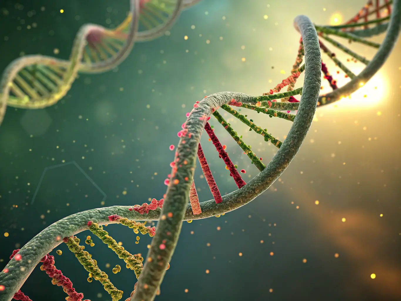 A close-up shot of a DNA helix graphic, subtly glowing, with a blurred background of a modern laboratory setting, symbolizing advanced genetic testing and reliable results.