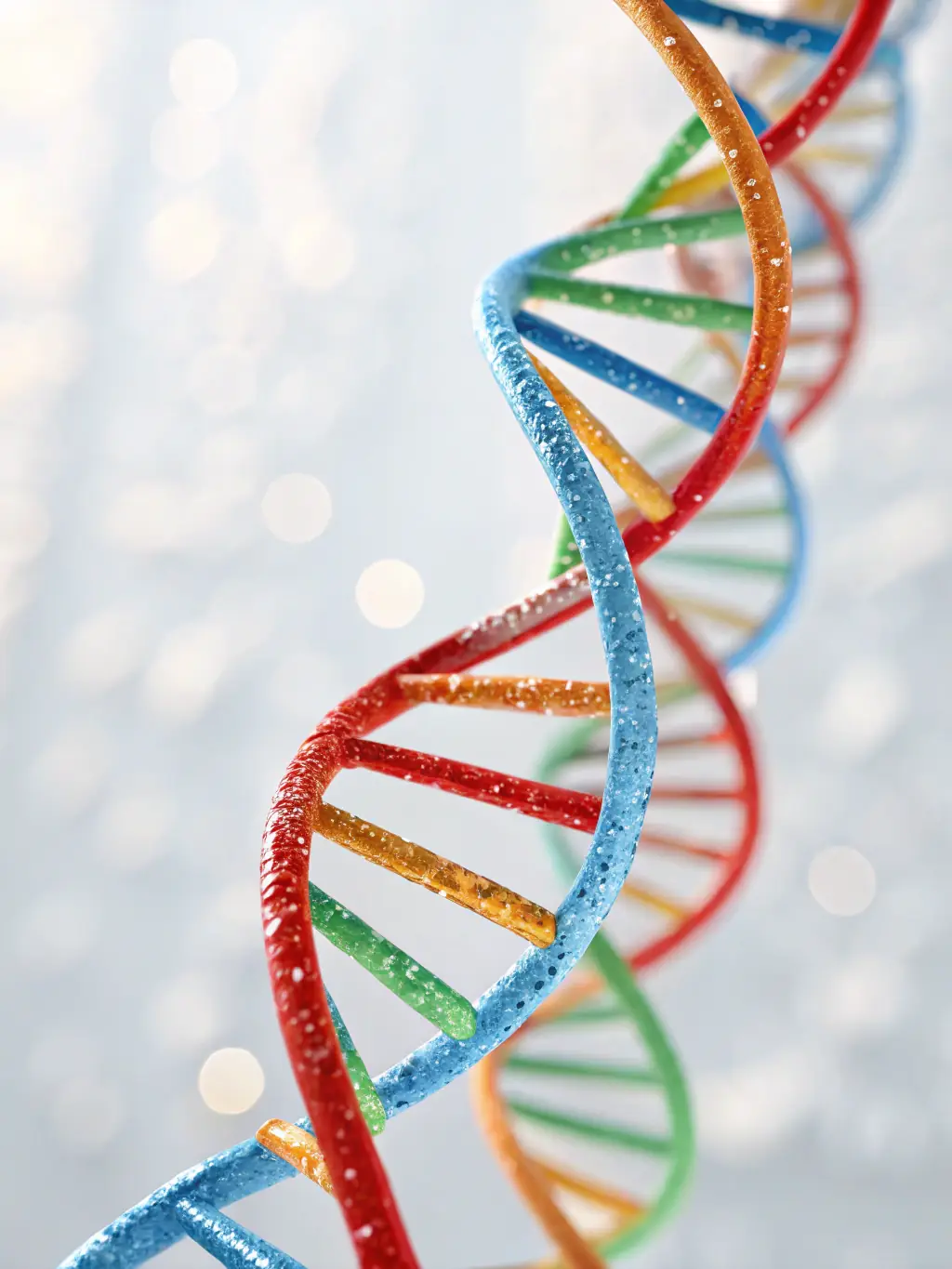 A close-up shot of a DNA double helix model with a magnifying glass over it, symbolizing the detailed analysis provided by the Standard Trio DNA Test.