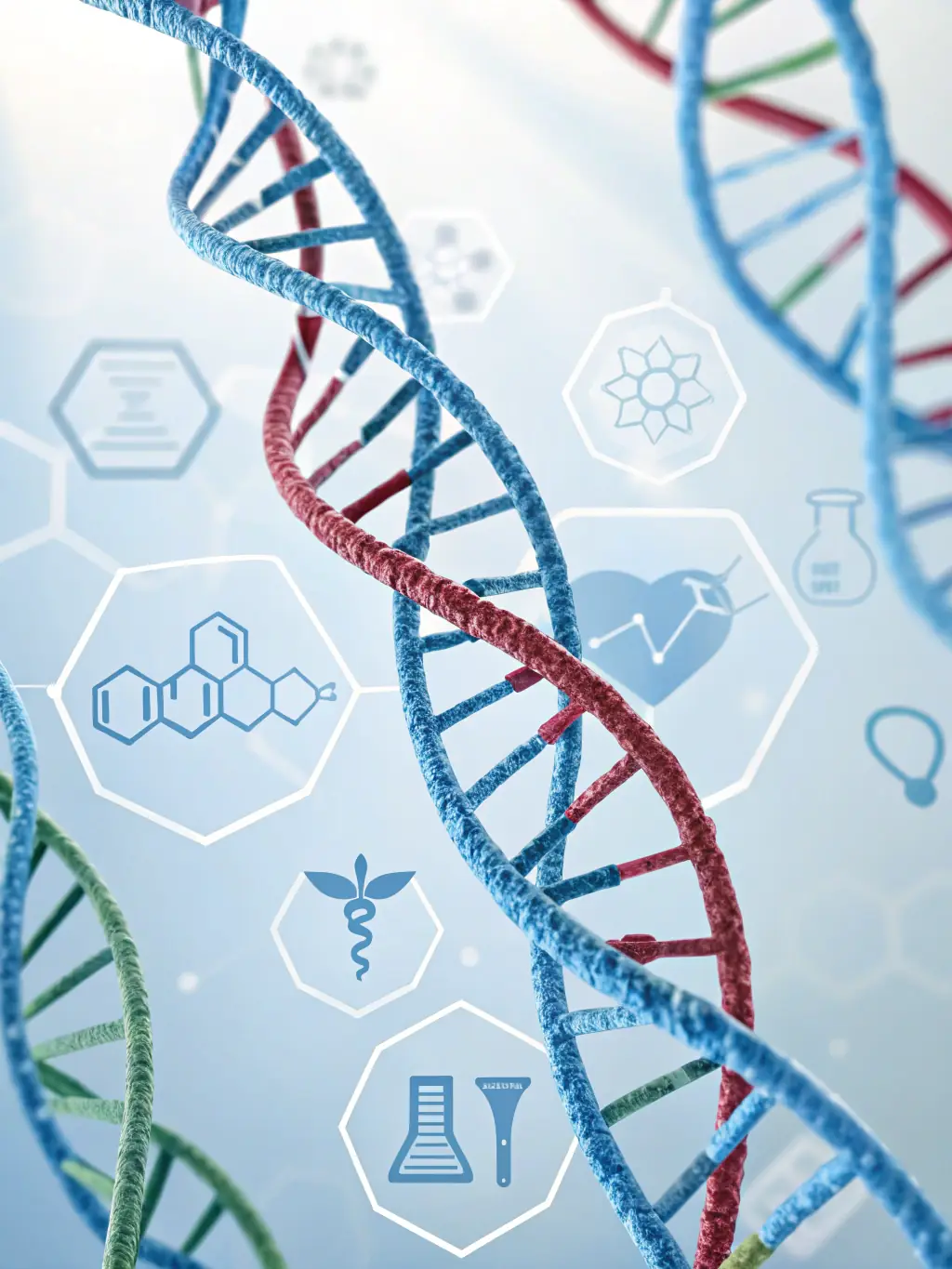 A close-up image of a DNA strand intertwined with various food icons, representing the connection between genetics and nutrition as analyzed by SecureGenomics' tests.