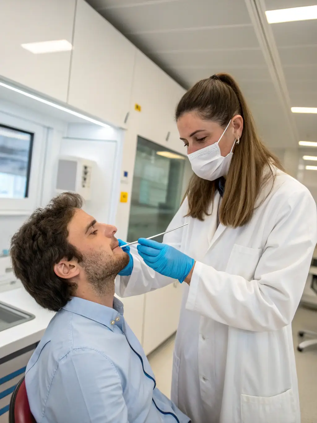 A close-up shot of a sterile cheek swab being gently used inside a person's mouth to collect a DNA sample, emphasizing the ease and non-invasive nature of the collection process for SecureGenomics' paternity testing.
