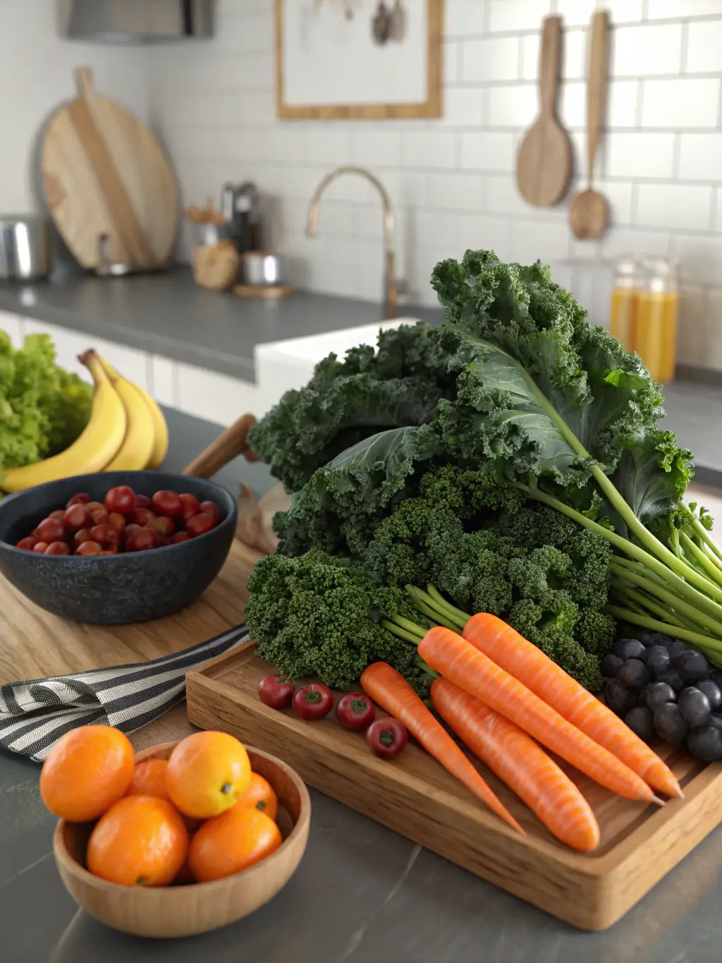 A vibrant image showcasing a diverse array of colorful, fresh fruits and vegetables, representing the personalized diet plans derived from SecureGenomics' Nutrition DNA tests. The setting is a bright, modern kitchen, emphasizing health and well-being.